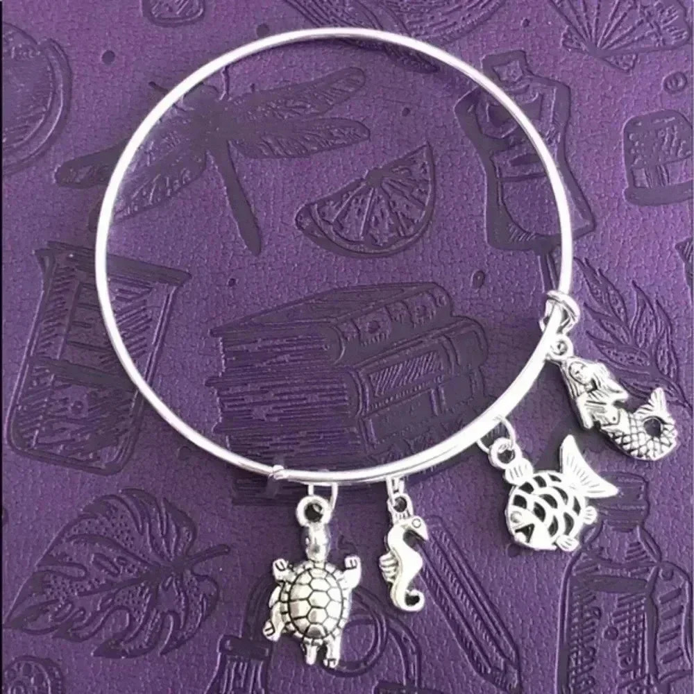 Beach Ocean Sea 3 High Polish Stainless Steel Adjustable Charm Bracelet NWT